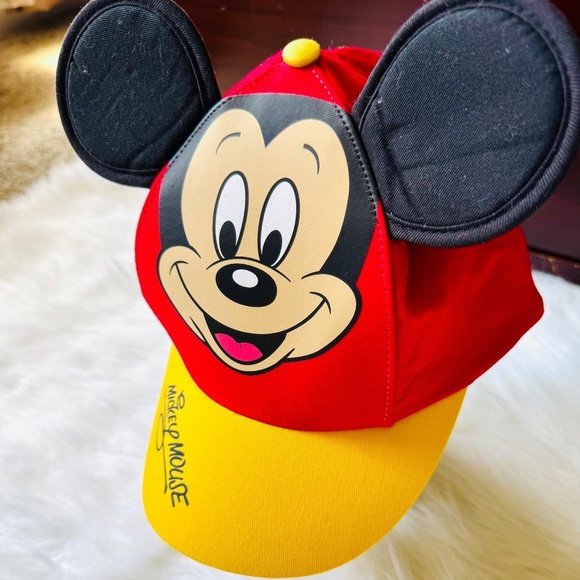 NWT Disney Parks Mickey Mouse Face Baseball Snapback Cap Hat 3D Ears Red/Yellow - Picture 2 of 11
